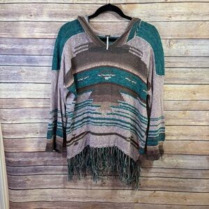 Free people Aztec fringe sweater Size Medium Grey Turquoise